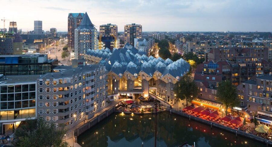 Rotterdam: De Rotterdam, Cube Houses, Watertaxi and Markthal - Katendrecht and the view toward Fenix